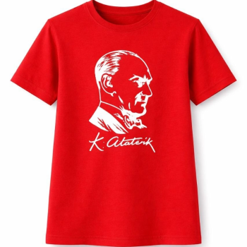 Kız Çocuk Atatürk Baskılı Tişört Kısa Kollu Bisiklet Yaka T-Shirt - Kırmızı