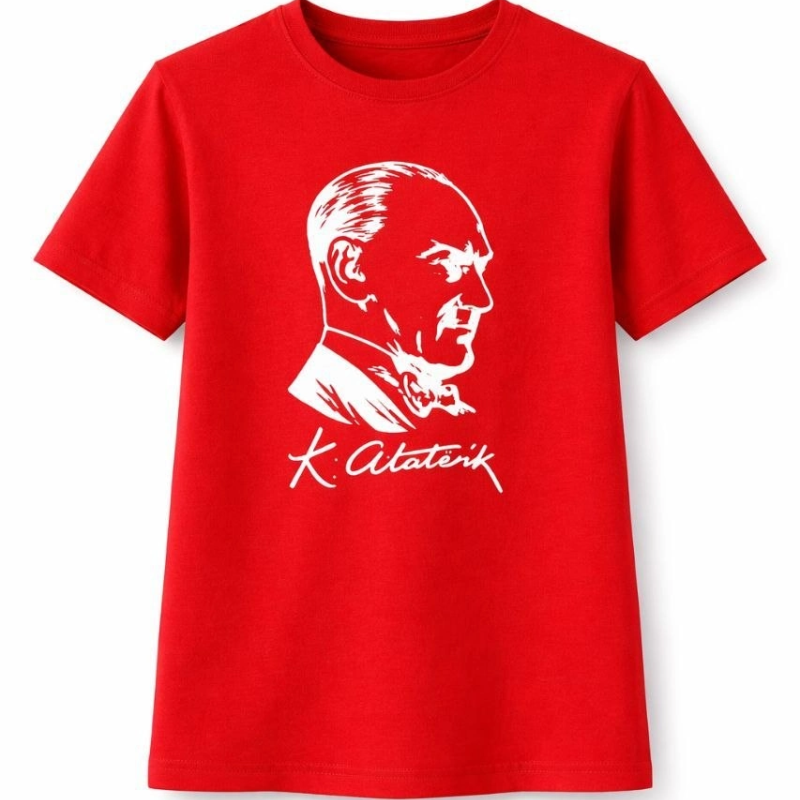 Kız Çocuk Atatürk Baskılı Tişört Kısa Kollu Bisiklet Yaka T-Shirt - Kırmızı