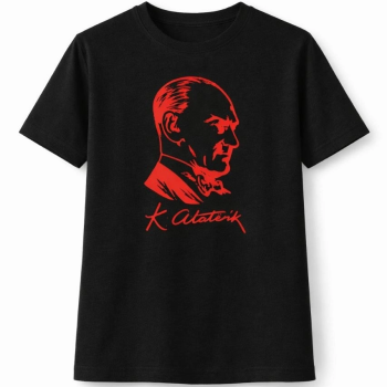 Kız Çocuk Atatürk Baskılı Tişört Kısa Kollu Bisiklet Yaka T-Shirt - Siyah