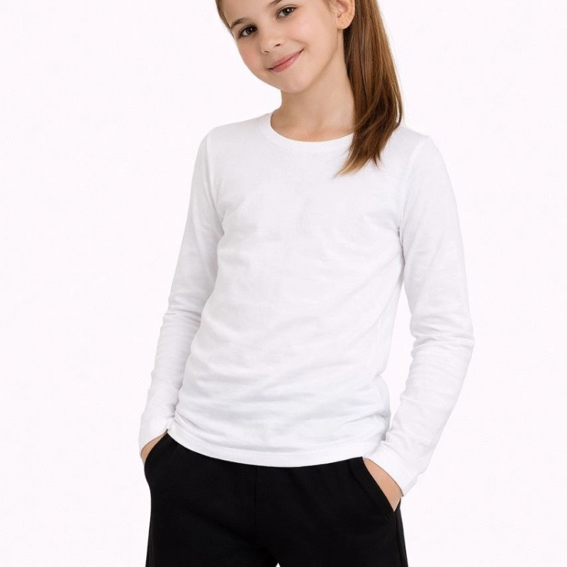 Kız Çocuk Basic Uzun Kollu Tişört Okul Günlük Rahat T-Shirt - Beyaz