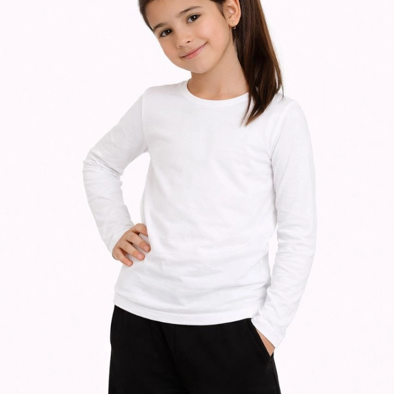 Kız Çocuk Basic Uzun Kollu Tişört Okul Günlük Rahat T-Shirt - Beyaz