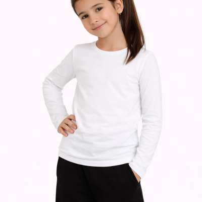 Kız Çocuk Basic Uzun Kollu Tişört Okul Günlük Rahat T-Shirt - Beyaz