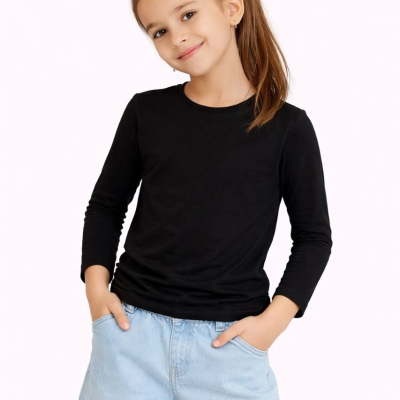 Kız Çocuk Basic Uzun Kollu Tişört Okul Günlük Rahat T-Shirt - Siyah