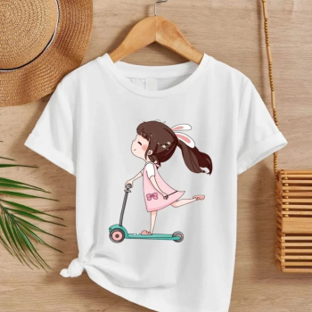 Kız Çocuk Bisiklet Yaka Baskılı T-Shirt - Beyaz