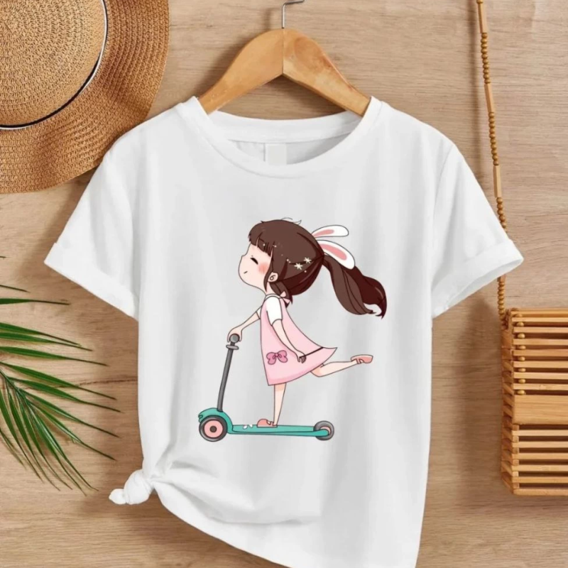 Kız Çocuk Bisiklet Yaka Baskılı T-Shirt - Beyaz