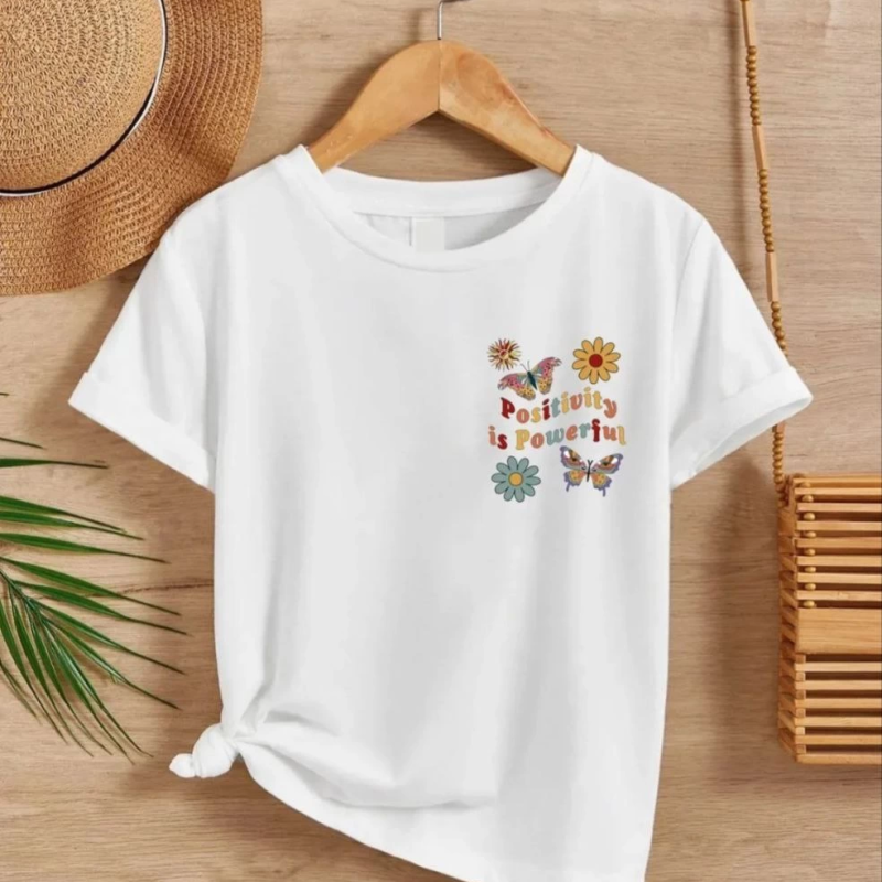 Kız Çocuk Bisiklet Yaka Baskılı T-Shirt - Beyaz