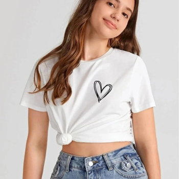 Kız Çocuk Bisiklet Yaka Baskılı T-Shirt - Beyaz