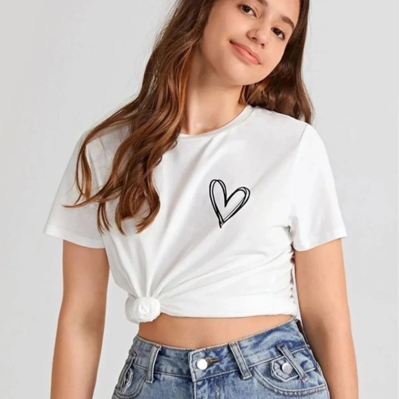 Kız Çocuk Bisiklet Yaka Baskılı T-Shirt - Beyaz