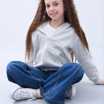 Kız Çocuk Kapüşonlu Kanguru Çepli Tam Fermuarlı Hırka SweatShirt - Gri