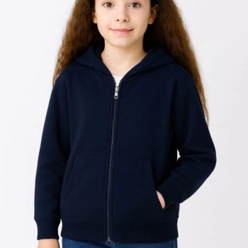Kız Çocuk Kapüşonlu Kanguru Çepli Tam Fermuarlı Hırka SweatShirt - Lacivert