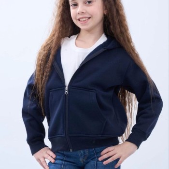 Kız Çocuk Kapüşonlu Kanguru Çepli Tam Fermuarlı Hırka SweatShirt - Lacivert