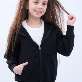 Kız Çocuk Kapüşonlu Kanguru Cepli Tam Fermuarlı Hırka Sweatshirt - Siyah