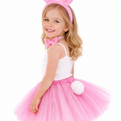Kız Çocuk Pembe Tavşan Kulaklı Kostüm Seti – Tütü, Taç, Papyon, Ponpon