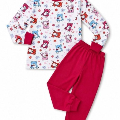 Kız Çocuk Premium Penye Ayıcık Desenli Uzun Kollu Pijama Takımı 2-11 Yaş - Kırmızı