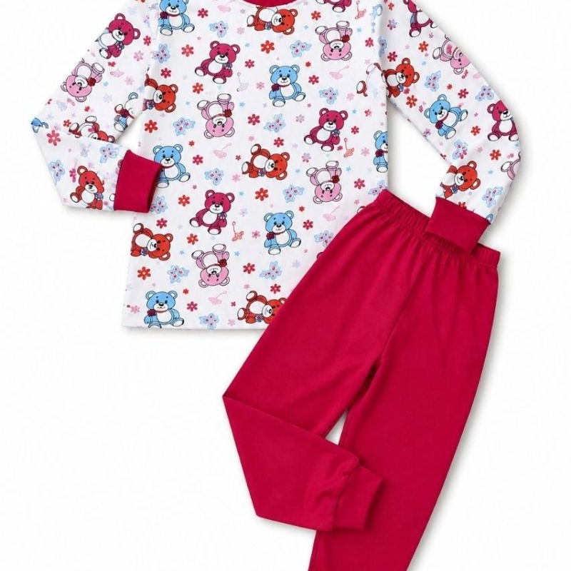 Kız Çocuk Premium Penye Ayıcık Desenli Uzun Kollu Pijama Takımı 2-11 Yaş - Kırmızı