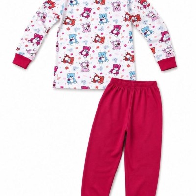 Kız Çocuk Premium Penye Ayıcık Desenli Uzun Kollu Pijama Takımı 2-11 Yaş - Kırmızı