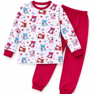 Kız Çocuk Premium Penye Ayıcık Desenli Uzun Kollu Pijama Takımı 2-11 Yaş - Kırmızı