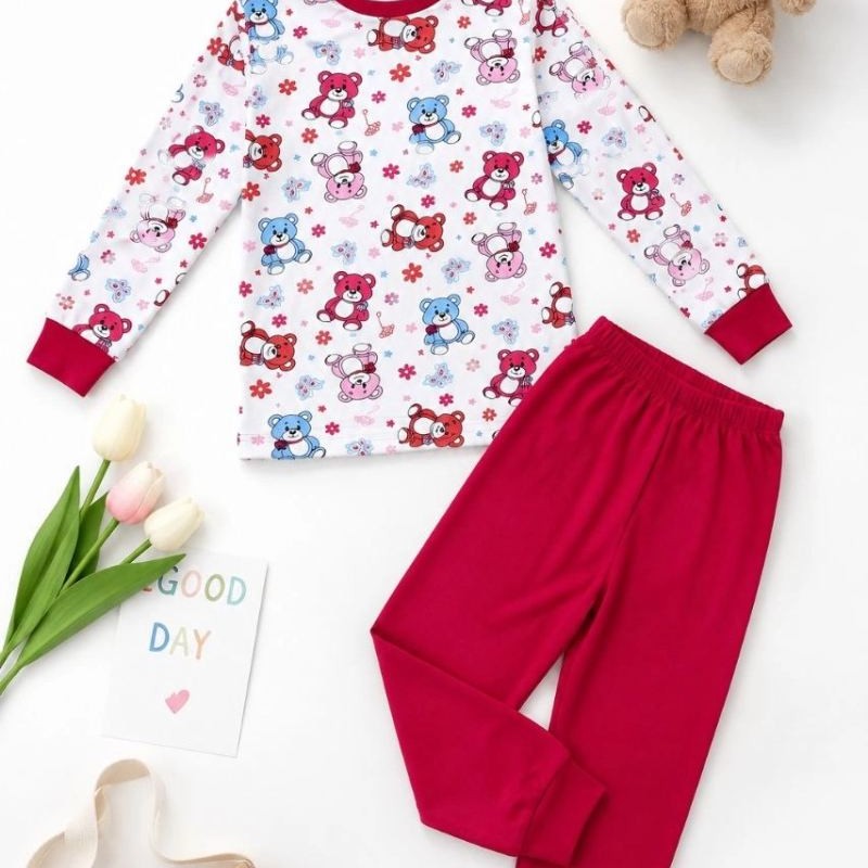 Kız Çocuk Premium Penye Ayıcık Desenli Uzun Kollu Pijama Takımı 2-11 Yaş - Kırmızı
