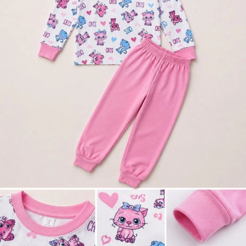Kız Çocuk Premium Penye Kedi Desenli Uzun Kollu Pijama Takımı 2-11 Yaş - Pembe