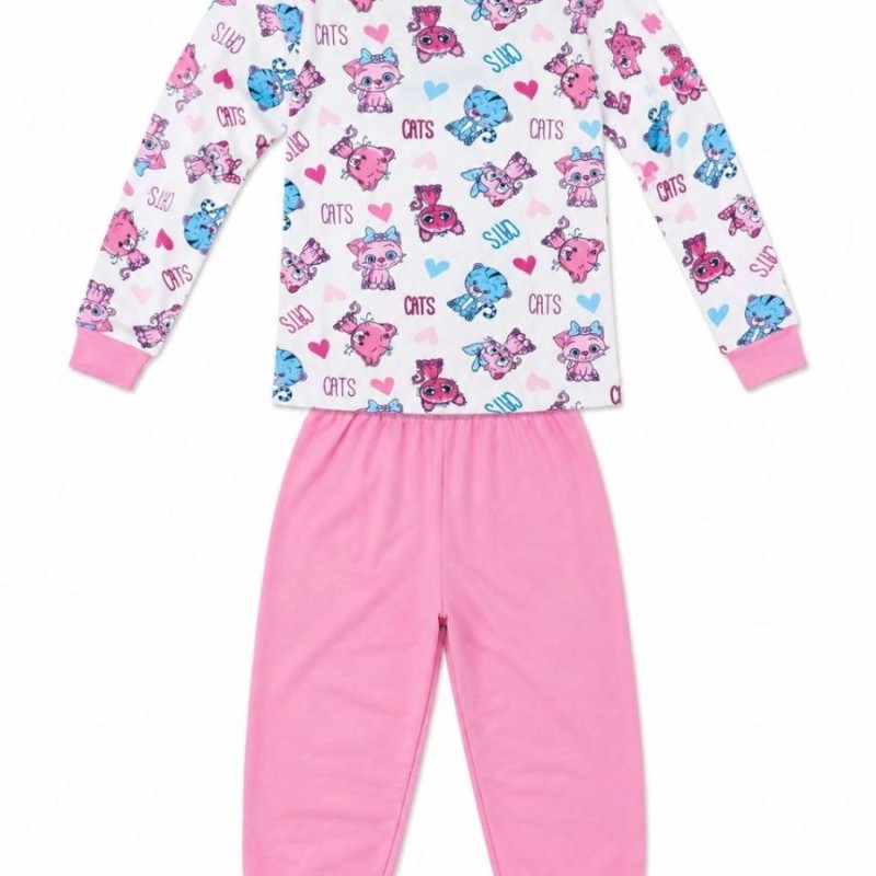 Kız Çocuk Premium Penye Kedi Desenli Uzun Kollu Pijama Takımı 2-11 Yaş - Pembe