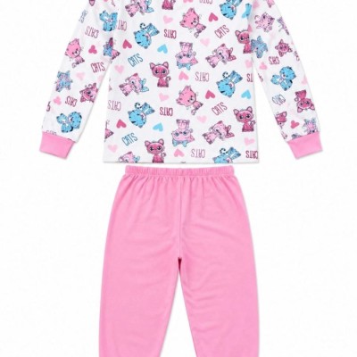 Kız Çocuk Premium Penye Kedi Desenli Uzun Kollu Pijama Takımı 2-11 Yaş - Pembe