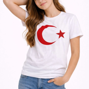 Kız Çocuk Tişört Bisiklet Yaka Ay Yıldız Bayrak Baskılı T-Shirt - Beyaz