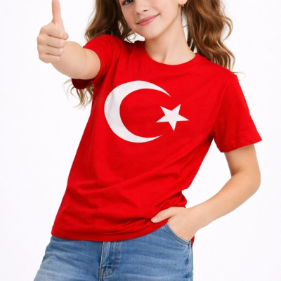 Kız Çocuk Tişört Bisiklet Yaka Ay Yıldız Bayrak Baskılı T-Shirt - Kırmızı