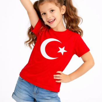 Kız Çocuk Tişört Bisiklet Yaka Ay Yıldız Bayrak Baskılı T-Shirt - Kırmızı