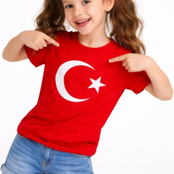 Kız Çocuk Tişört Bisiklet Yaka Ay Yıldız Bayrak Baskılı T-Shirt - Kırmızı