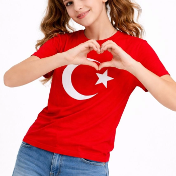 Kız Çocuk Tişört Bisiklet Yaka Ay Yıldız Bayrak Baskılı T-Shirt - Kırmızı