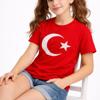 Kız Çocuk Tişört Bisiklet Yaka Ay Yıldız Bayrak Baskılı T-Shirt - Kırmızı