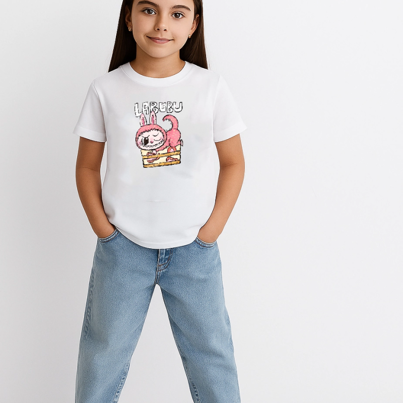 Kız Labubu Çocuk Baskılı T-Shirt - Beyaz