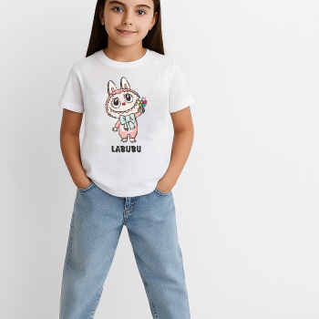 Kız Labubu Çocuk Baskılı T-Shirt - Beyaz