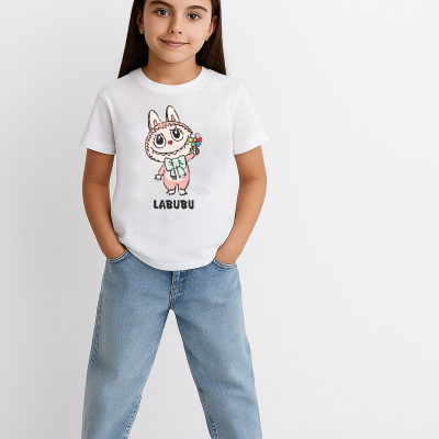 Kız Labubu Çocuk Baskılı T-Shirt - Beyaz