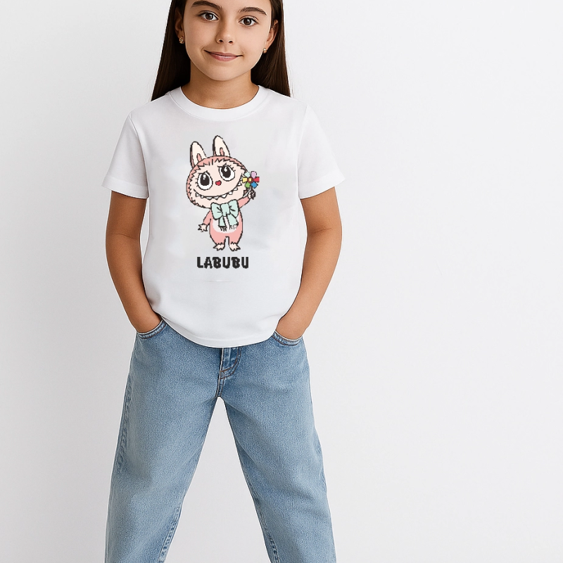 Kız Labubu Çocuk Baskılı T-Shirt - Beyaz