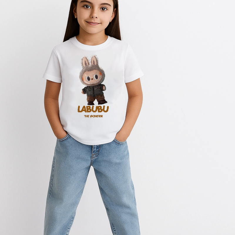 Kız Labubu Çocuk Baskılı T-Shirt - Beyaz