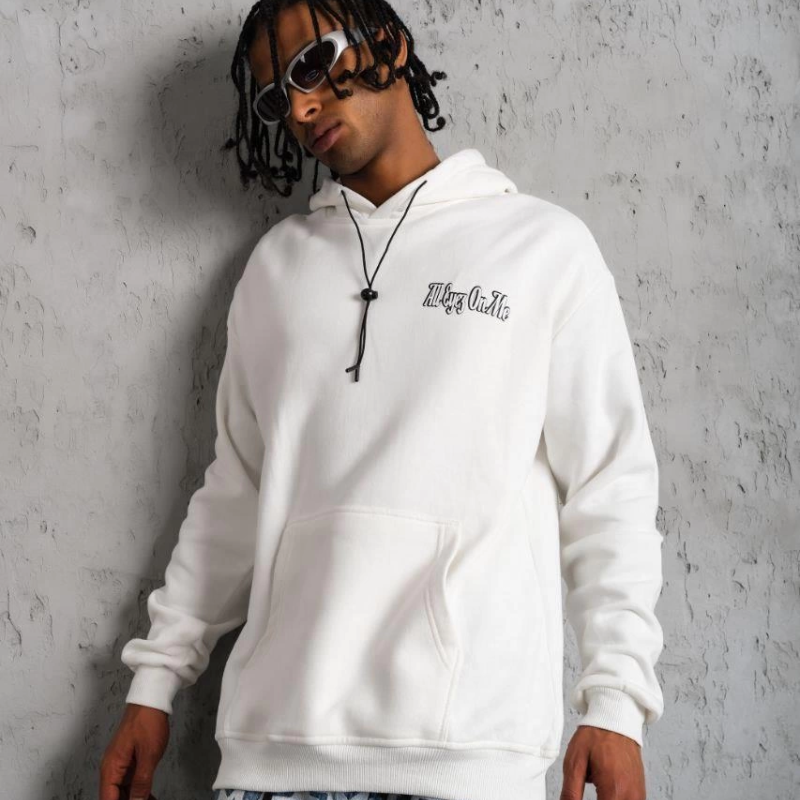 Kol ve Etek Ribana Baskılı Kapüşonlu Sweat - Beyaz