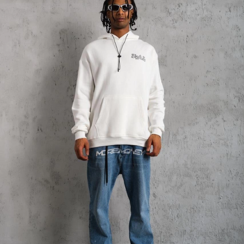 Kol ve Etek Ribana Baskılı Kapüşonlu Sweat - Beyaz