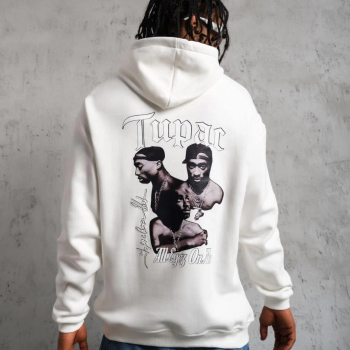 Kol ve Etek Ribana Baskılı Kapüşonlu Sweat - Beyaz