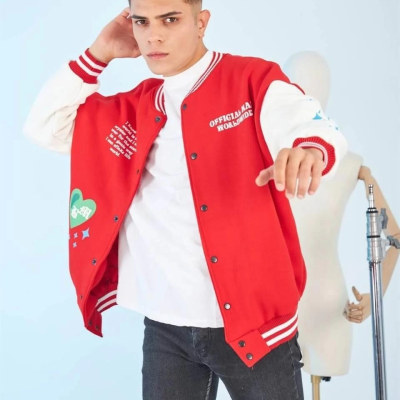 Kolları Yıldız Sırt Baskılı Oversize Kolej Ceket - Kırmızı