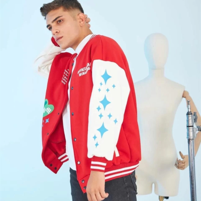 Kolları Yıldız Sırt Baskılı Oversize Kolej Ceket - Kırmızı
