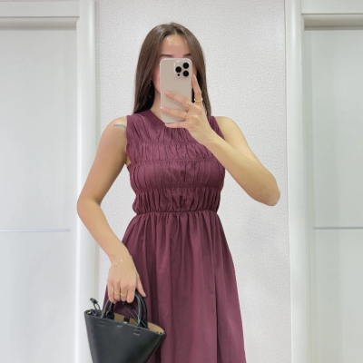 Kolsuz Göğüs Lastıklı %100 Poplin Uzun Elbise - Bordo -