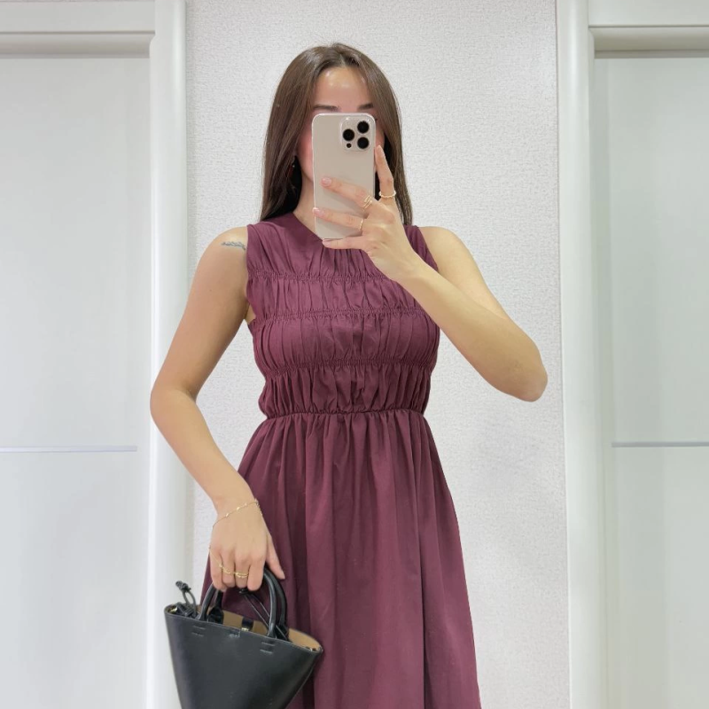 Kolsuz Göğüs Lastıklı %100 Poplin Uzun Elbise - Bordo -