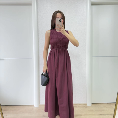 Kolsuz Göğüs Lastıklı %100 Poplin Uzun Elbise - Bordo -