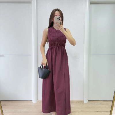 Kolsuz Göğüs Lastıklı %100 Poplin Uzun Elbise - Bordo -