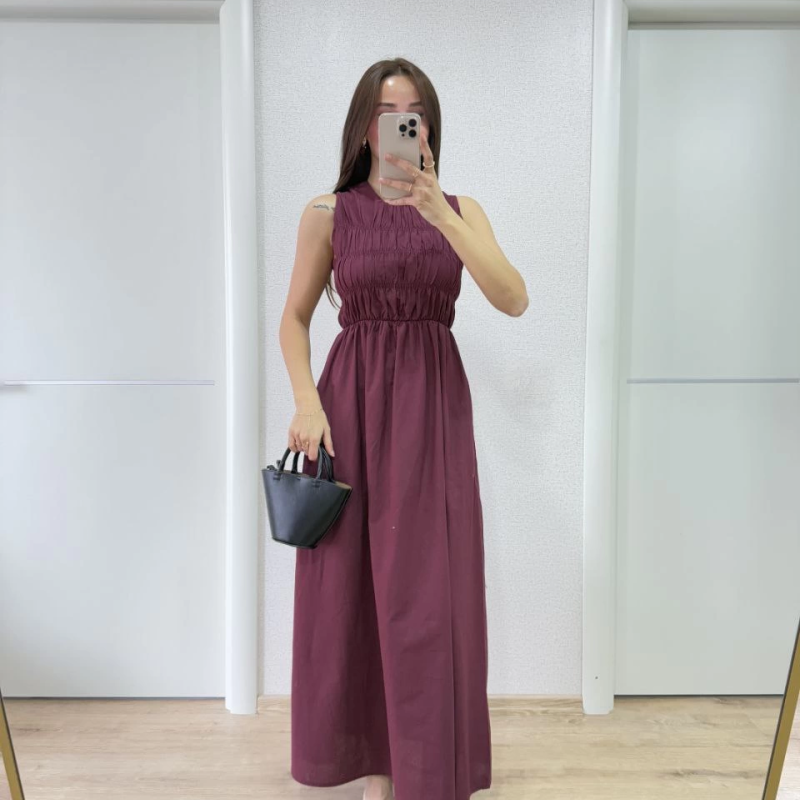 Kolsuz Göğüs Lastıklı %100 Poplin Uzun Elbise - Bordo -