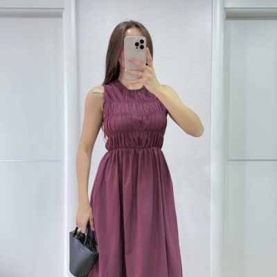 Kolsuz Göğüs Lastıklı %100 Poplin Uzun Elbise - Bordo -