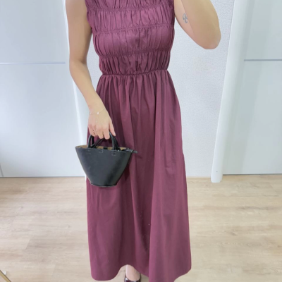 Kolsuz Göğüs Lastıklı %100 Poplin Uzun Elbise - Bordo -