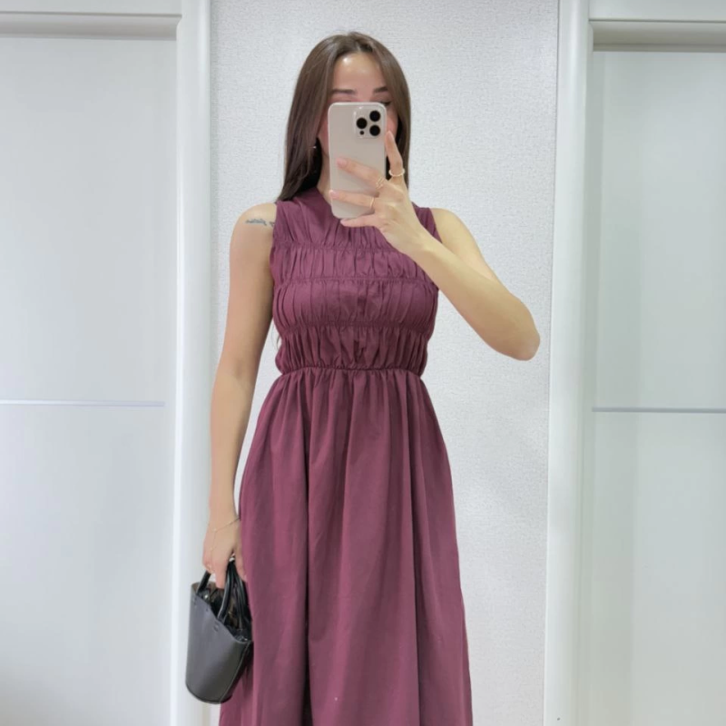 Kolsuz Göğüs Lastıklı %100 Poplin Uzun Elbise - Bordo -