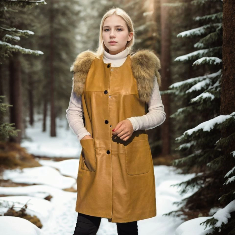 Kolsuz Hakiki Deri Kürk - Hardal -